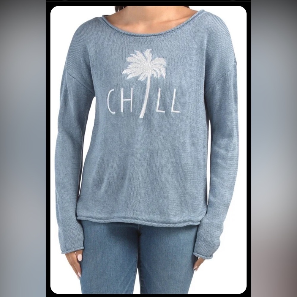 Marled Embroidered "Chill" Sweater Light Blue Size Small